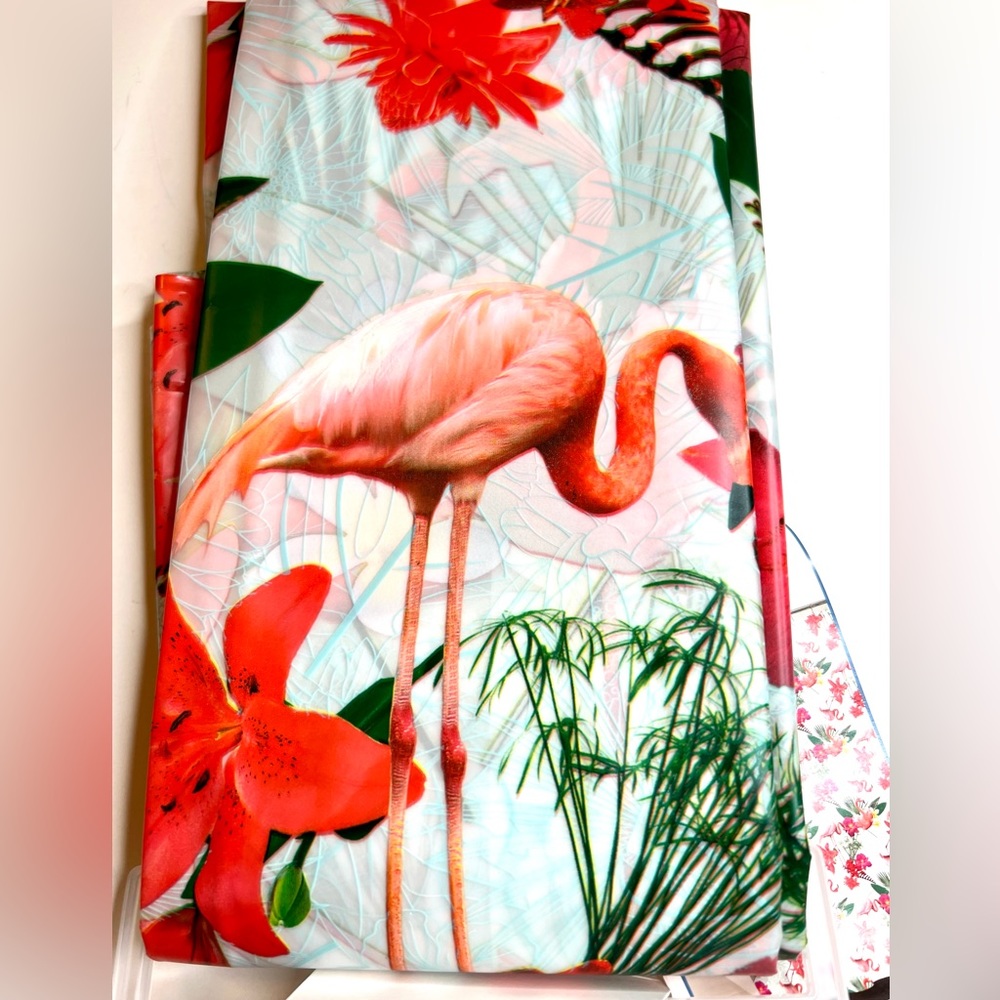 Flamingos & Tropical Flowers Peva Shower Curtain Hibiscus Orchids Bright Red - Picture 11 of 14